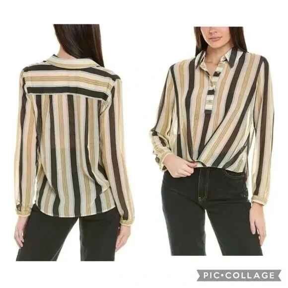 Cabi Caliber Gold Striped Sheer Twisted Hem Popover Blouse - Picture 1 of 6